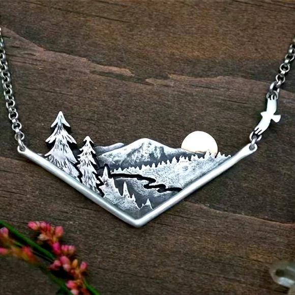 New 3D Mountain Range Eagle Artisan Southwestern Sterling Silver Forest Necklace - Picture 4 of 17